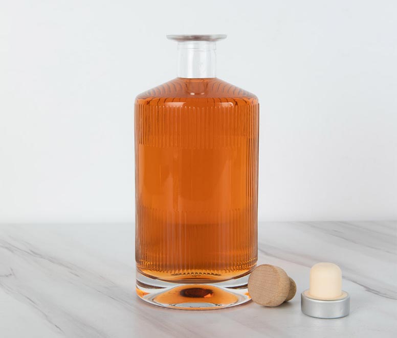 750ml Round Striped Glass Whiskey Bottle with Cork Stopper