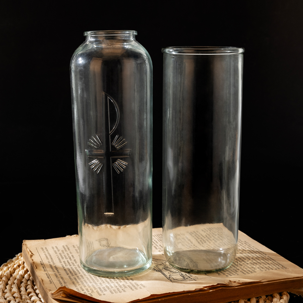 Religious Long-Stemmed Tall Cylinder Clear Glass Candle Jar