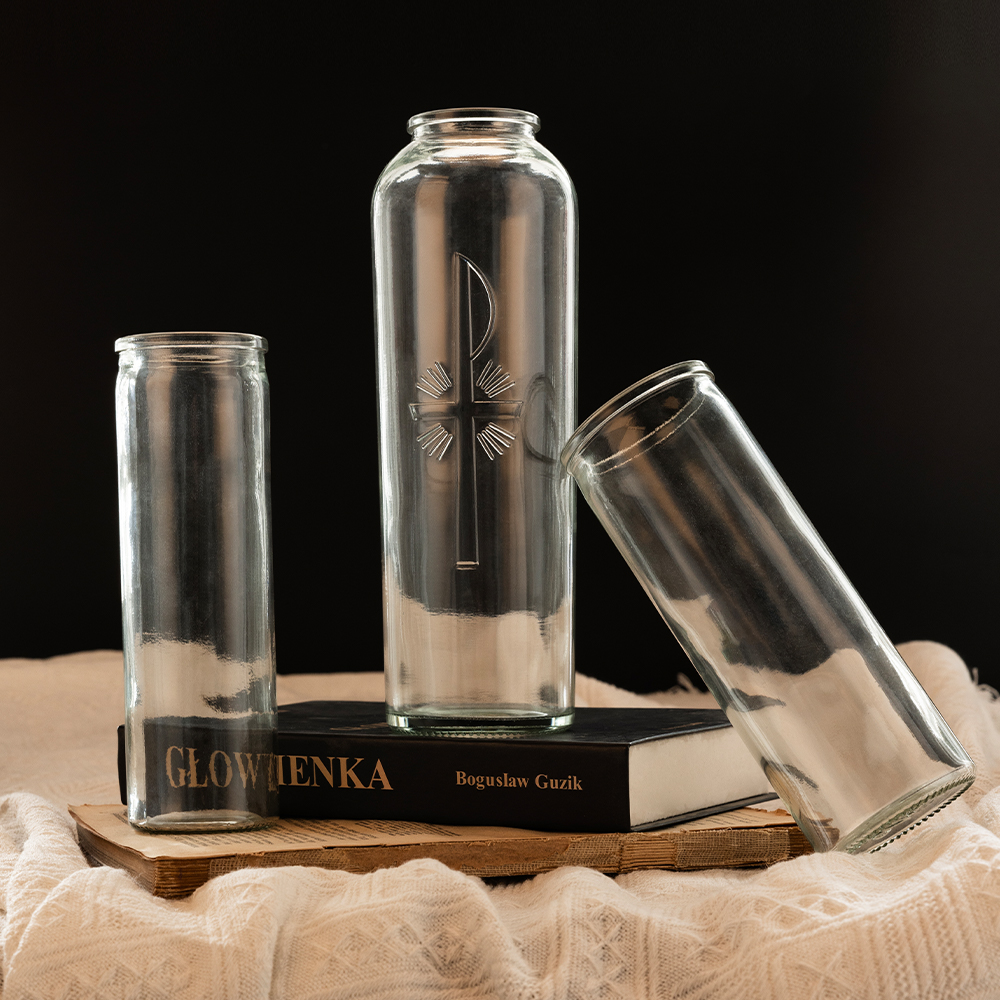 Religious Long-Stemmed Tall Cylinder Clear Glass Candle Jar