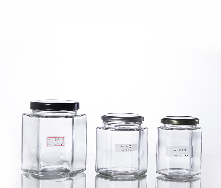 hexagonal glass honey jars with metal screw cap